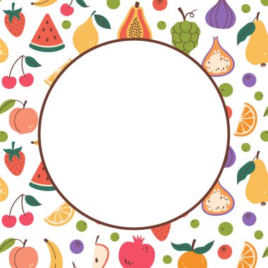 Karalama tarzında egzotik meyveler. Meyve desenli dairesel kopyalama alanı. El çizimi meyve çemberi sınırı. Dairesel kopyalama alanı şablonu. Vektör illüstrasyonu beyazda izole edildi.