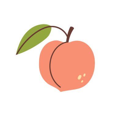 Peach Fruit illüstrasyonu. Şeftali ikonu. Organik vitaminler ve sağlıklı beslenme. Yeşil yapraklı şeftali. Düz dizayn, karalama tarzı. Tişört için grafiksel baskı. Vektör
