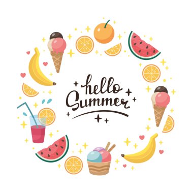 Yaz tatlısı, meyve yuvarlak çerçeve, fotokopi alanı, şablon. Doodle Summer Beach piknik dairesel çerçevesi. Yaz meyveleri, dondurmalar, meyve suları. Çizgi film vektör çizimi. Düz tasarım.