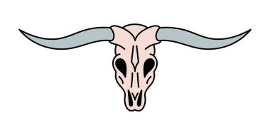 Vahşi batı inek kafatası. Kovboy kovboy ve vahşi batı teması. El çizimi vektör çizimi. Doodle simgesi.