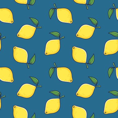 Mavi arka planda karalama tarzında şirin sarı limonlu, pürüzsüz desen. Vektör el çizimi karikatür Lemon çizimi. Elle çizilmiş Lemon çizimi. Çocuk kıyafetleri için desen.