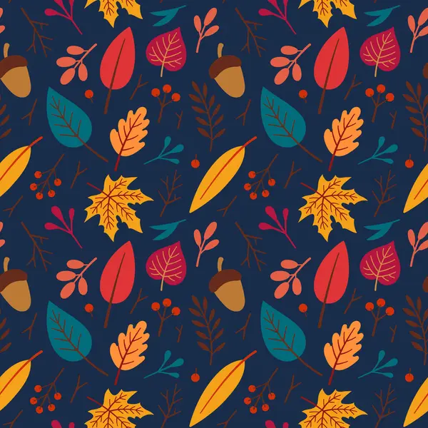 Sonbahar pürüzsüz desen. Vektör çiçek çizimi. Sonbahar elementleri - meşe palamudu, elma, yapraklar, böğürtlen. Koyu mavi arka planda sonbahar deseni. Doodle tarzı. Vektör çiçek illüstrasyonu.