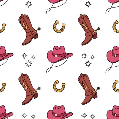 Batının kusursuz deseni. Kovboy çizmeleri, şapka, at nalı, yıldızlar. Kovboy kovboy ve Vahşi Batı temalı ambalaj kağıdı. El çizimi vektör çizimi. Çizim çizimi