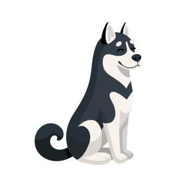Alaska Malamute köpek çizgi film illüstrasyonu. Mutlu Husky köpeği oturuyor. Vektör çizimi. Evcil hayvan konseptiyle seyahat etmek. Düz tasarım