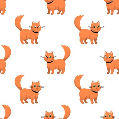 Kırmızı kedi kusursuz desen. Çizgi film çizimi. Tasmalı mutlu kedi yavrusu. Vektör çizimi. Evcil hayvan konseptiyle seyahat etmek. Düz dizayn. Hayvan dükkanı, veteriner kliniği karakteri, maskot..