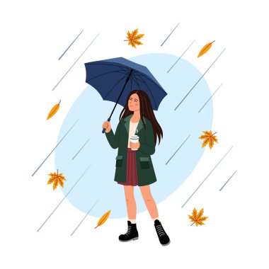 Şemsiyenin altında bir fincan kahveli mutlu kız yağmurda yürüyor. İyi titreşimler, olumlu tavırlar. Vektör çizimi. Yağmurda Yürümek