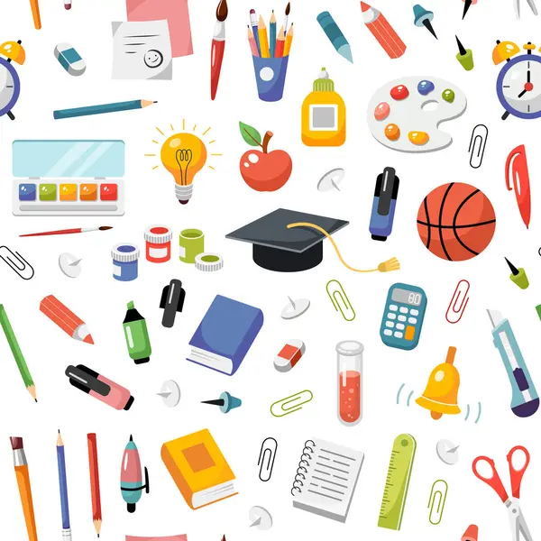 Okula sorunsuz bir şekilde geri döndüm. Okul konseptine geri dönelim. Çizgi film vektör çizimi. Okul öğeleri dokusu. Tekstil tasarımı çalış