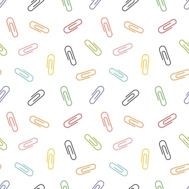 Ataç simgesi kusursuz desen oluşturdu. Ofis kağıdı atacı, siyah, kırmızı, yeşil renkli tekstil tasarımı. Okul malzemeleri. Kırtasiye malzemeleri. Vektör İllüstrasyonu beyaza izole edildi.