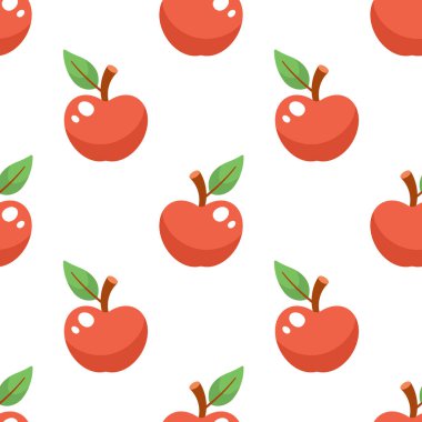 Yeşil yapraklı, dikişsiz şirin kırmızı elma. Vektör el çizimi çizgi film dokusu. Çizgi film tarzında elma. Beyaz arka planda izole edilmiş. düz dizayn