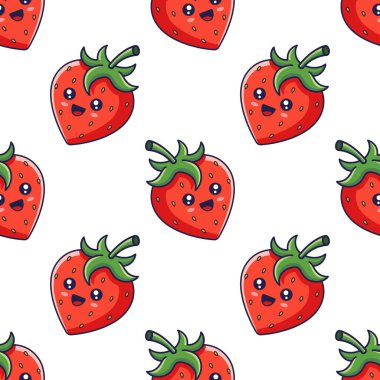 Şirin Kawaii çilekli, dikişsiz karakter deseni. Vektör el çizimi beyaz arkaplanlı Çilek karakter dokusu. Çocuk Tekstil Tasarımı