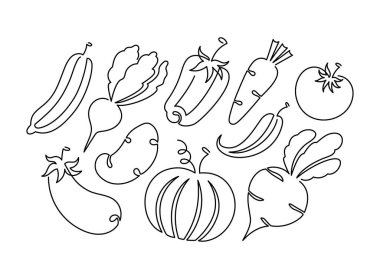 Karalama tarzında tek sıra sebzeler. Çizgi sanatı sebze koleksiyonu. El çizimi sebze ikonları, çizimler
