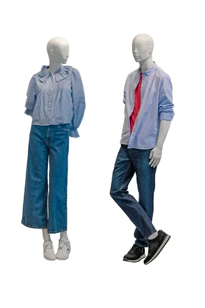 Dois Manequins Masculinos Femininos Comprimento Total Vestindo Roupas Elegantes Isoladas — Fotografia de Stock