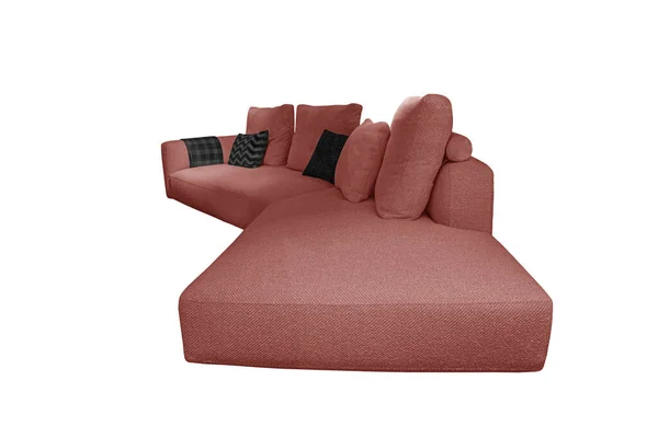 红色纺织品角沙发与黑色枕头和格子呢隔离在白色背景与削减路径 家具系列 — 图库照片