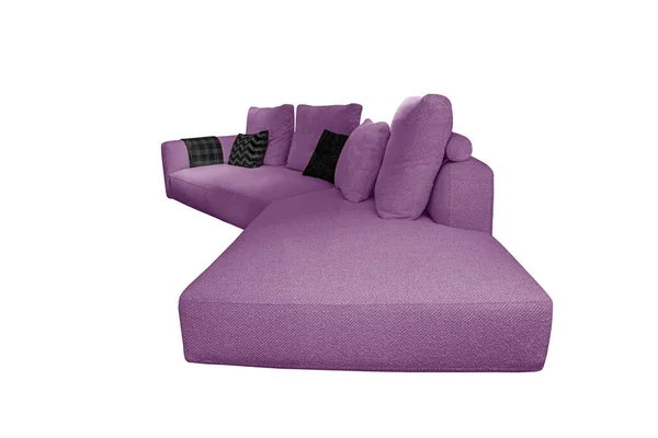 Fioletowy Tekstylny Narożny Sofa Czarnymi Poduszkami Kratę Izolowane Białym Tle — Zdjęcie stockowe