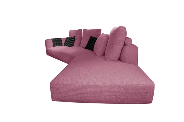 Sofá Angular Têxtil Rosa Pálido Com Travesseiros Pretos Xadrez Isolado — Fotografia de Stock
