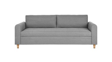 Grey fabric sofa on wooden legs isolated on white background with clipping path. Series of furniture