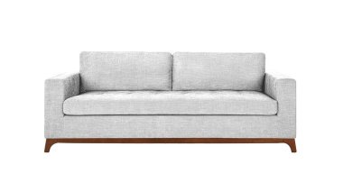 White fabric sofa on wooden legs isolated on white background with clipping path. Series of furniture