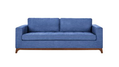 Blue fabric sofa on wooden legs isolated on white background with clipping path. Series of furniture