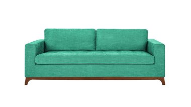 Turquoise fabric sofa on wooden legs isolated on white background with clipping path. Series of furniture
