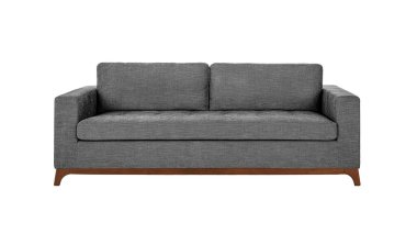 Gray fabric sofa on wooden legs isolated on white background with clipping path. Series of furniture