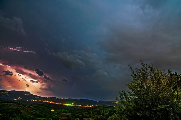 Сильная Гроза Молнией Драматическом Ночном Небе Над Островом Корфу Греция — стоковое фото