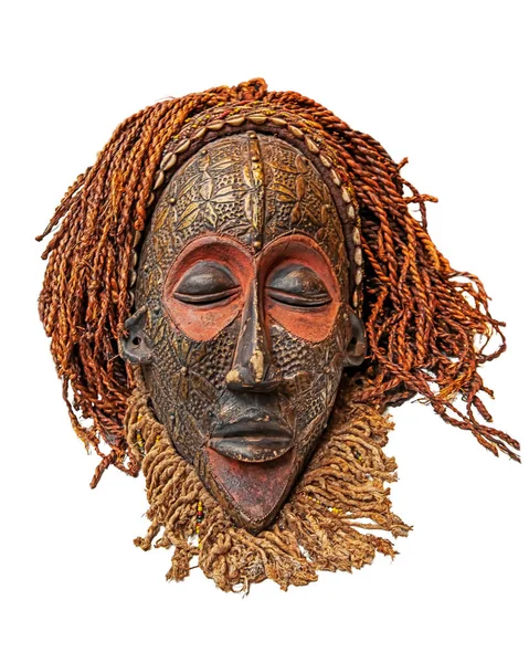 Vintage African Wooden Mask Traditional Pattern Isolated White Background Clipping — Stock Photo, Image