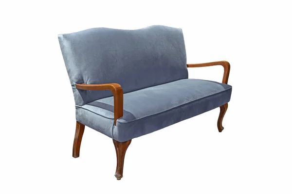 Stylish Pale Blue Fabric Sofa Wooden Legs Isolated White Background — Stock Photo, Image