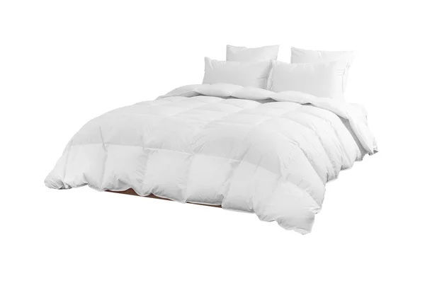 Современная Белая Кровать Постельным Бельем Изолированы Белом Фоне Обрезка Пути Стоковое Фото