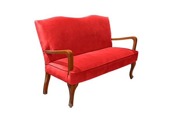 Sofá Tecido Vermelho Elegante Com Pernas Madeira Isoladas Fundo Branco — Fotografia de Stock
