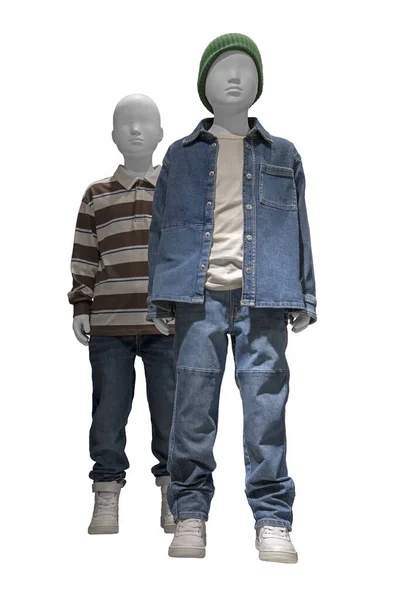 Kinderschaufensterpuppen Gestreiftem Pullover Und Blauer Jeans Isoliert Auf Weißem Hintergrund — Stockfoto
