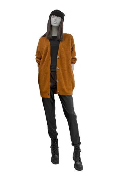 stock image Stylish female orange knitted jacket and black trousers on mannequin isolated on white background with clipping path. Female autumn outfit