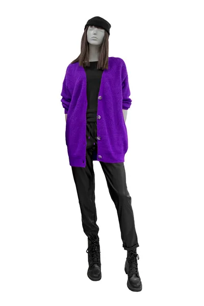 stock image Stylish female purple knitted jacket and black trousers on mannequin isolated on white background with clipping path. Female autumn outfit