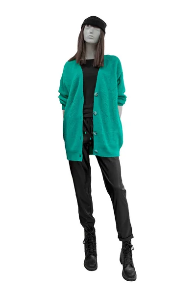 stock image Stylish female turquoise knitted jacket and black trousers on mannequin isolated on white background with clipping path. Female autumn outfit