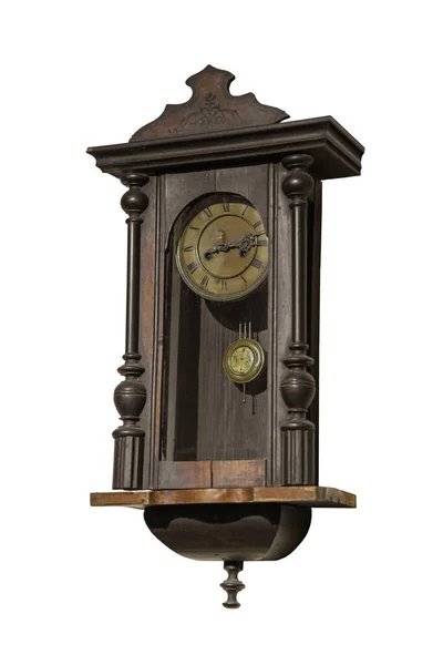 Zabytkowy Drewniany Stary Zegar Ścienny Jest Poplamiony Zarysowany Białym Tle — Zdjęcie stockowe