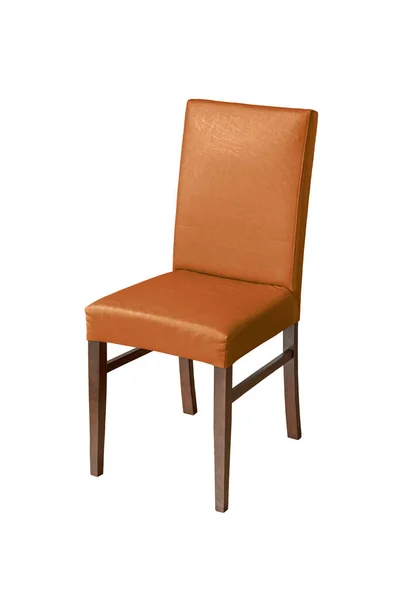 Holzstuhl Mit Orangefarbener Lederrückseite Und Sitz Isoliert Auf Weißem Hintergrund — Stockfoto