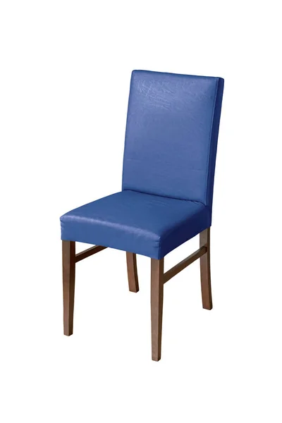 Cadeira Madeira Com Costas Couro Azul Assento Isolado Fundo Branco — Fotografia de Stock