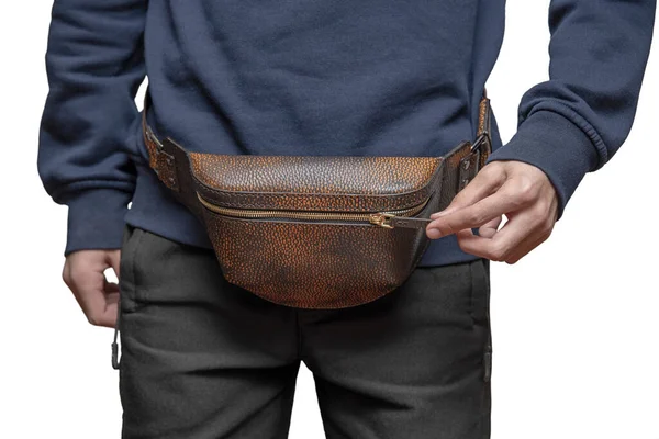Brown Leather Waist Bag Traveler Stomach Man Fashionable Comfortable Travel — Stock Photo, Image
