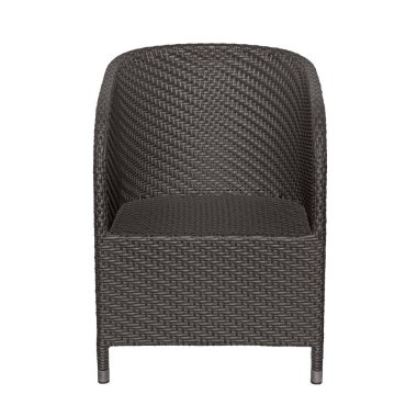 Rattan mobilyaları, kırpma yolu olan beyaz bir arka planda izole edilmiş çağdaş tarzda. Hasır bahçe, kahverengi mobilyalar, ön manzara.