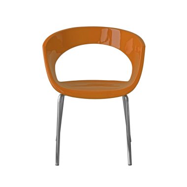 Krom metal bacaklı turuncu plastik ofis sandalyesi beyaz arka planda izole edilmiş ve kırpma yolu var. Mobilya serisi, ön manzara.