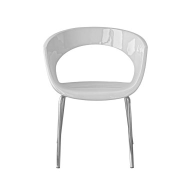 Beyaz plastik ofis koltuğu, krom metal bacaklı, beyaz arka planda izole edilmiş, kırpma yolu olan. Mobilya serisi, ön manzara.