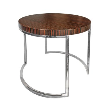 Kahverengi ahşap, Zebrano Negro desenli yuvarlak kahve masası nikel metal bazlı, beyaz arka planda, kırpma yolu olan. Yemek masası, dergi masası, modern tasarım. Mobilya serisi