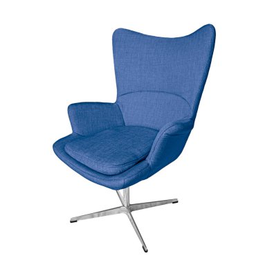 Metal zemin üzerinde mavi lüks ofis koltuğu beyaz arka planda izole edilmiş kırpma yolu var. Mobilya serisi