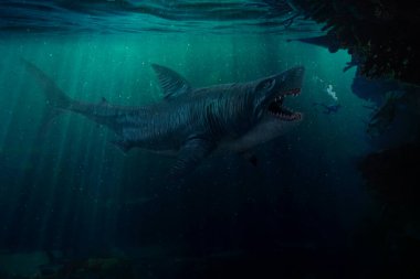 Ağzı keskin dişlerle dolu antik şeytani megalodon koyu mavi denizde dalgıca saldırır. Adam, hava kabarcıkları salarak canavardan panik içinde kaçmaya çalışıyor. Sağdaki ön planda oral resif