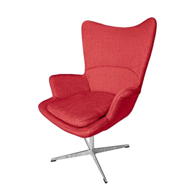 Nikel metal tabanında kırmızı lüks ofis koltuğu beyaz arka planda izole edilmiş kırpma yolu var. Mobilya serisi