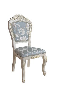 Döşeme soluk turkuaz kumaş desenli, işlemeli desenli, eski, antika bir sandalye. Kırpma yolu ile beyaz arkaplanda izole edilmiş vintage tabure