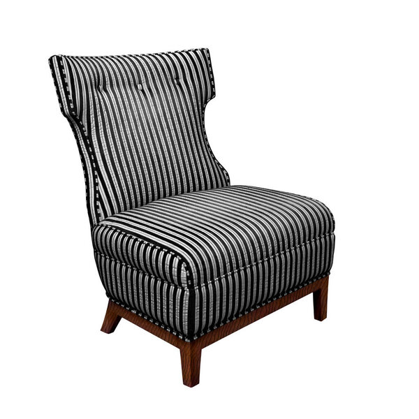Classic armchair art deco style in striped black with white velvet with wooden legs isolated on white background with clipping path. Series of furniture