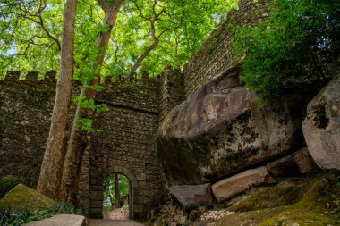Sinyora da Penha, Guimaraes, Portekiz tapınağının çevresindeki yeşil ormanda kemer girişi olan antik taş duvar.