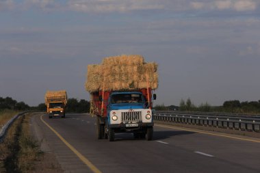 Kazakistan 'ın Almaty bölgesinde otoban boyunca kamyonlar saman sürüyor