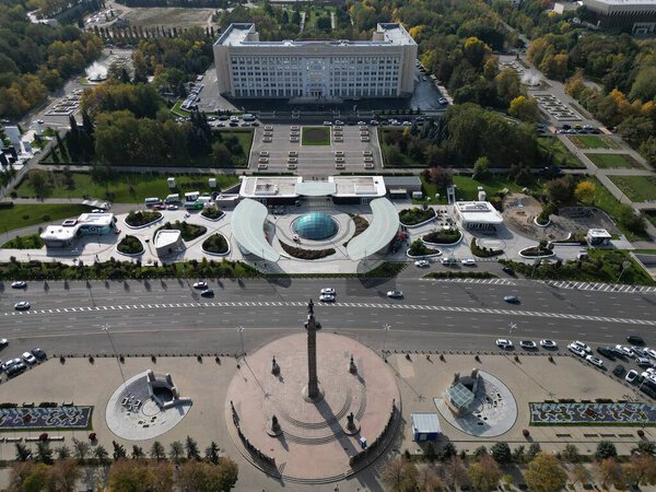 The Golden Warrior Monument stands on Republic Square in the former capital of Kazakhstan, Almaty.
