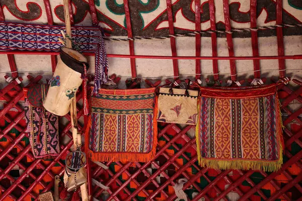 Interior decoration of a Kazakh yurt. The decoration of the yurt consists of objects and products created by home crafts in various regions of Kazakhstan.